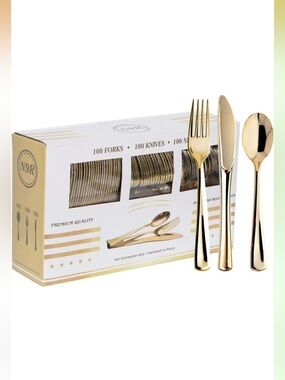 N9R 300PCS Gold Plastic Silverware Gold Plastic Cutlery Set Disposable Flatware